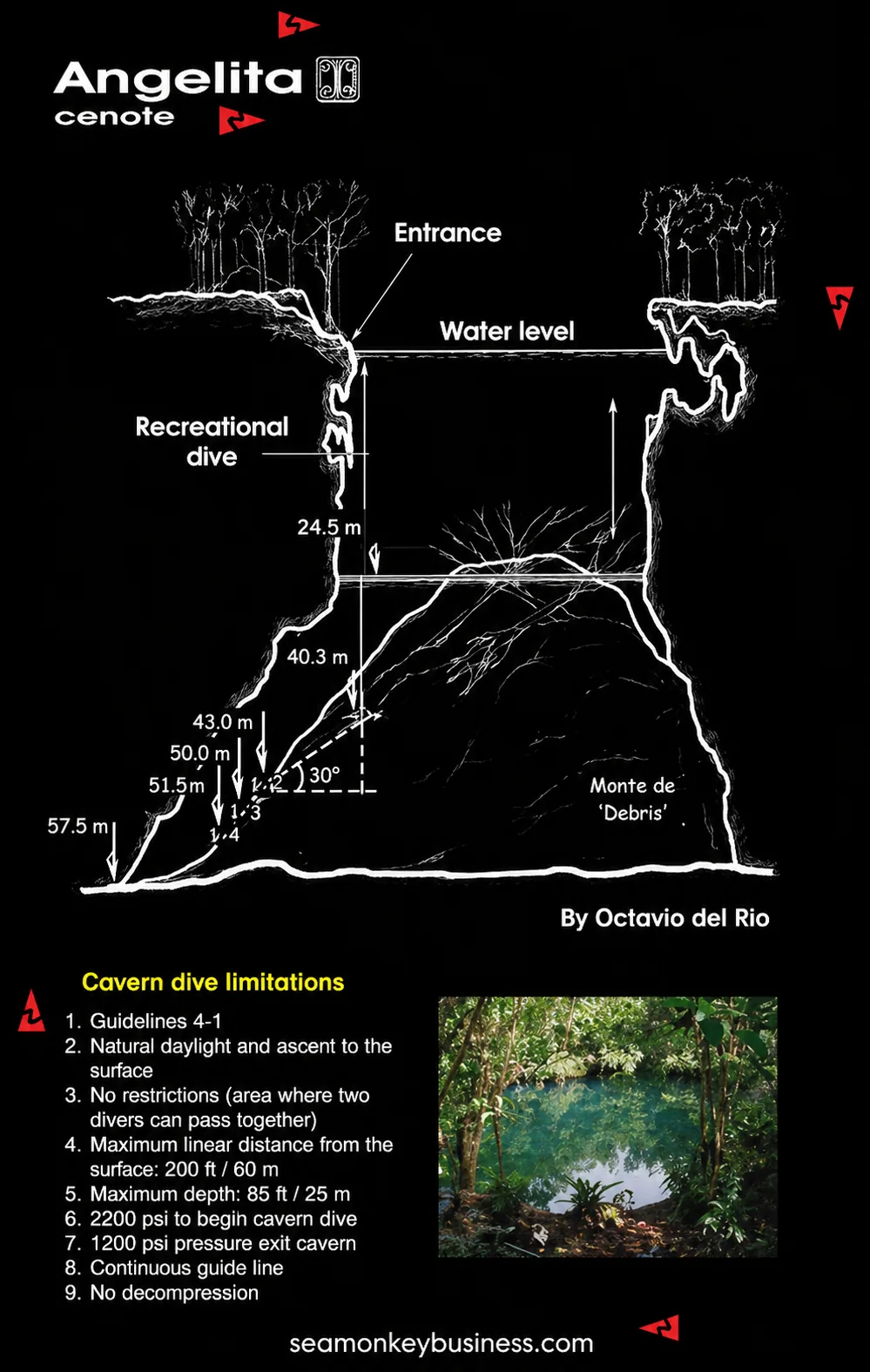 Cenote Angelita map and dive profile illustration showing entrance, water level, cloud layer, debris cone, and depth notes.