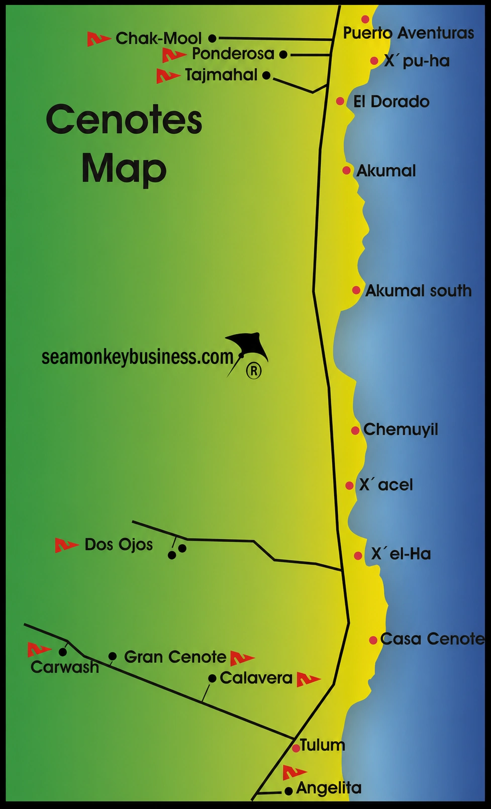Regional Riviera Maya cenotes map showing Tulum, Angelita, and other cenotes